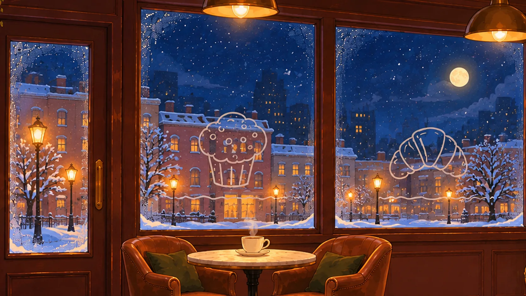 Coffee Cup — a cosy café table by a snowy window